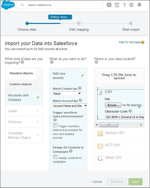 Selecting the Type of Import in Salesforce